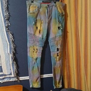 Heritage America Denim Distillery Men's Moto Distressed Multicolor Jeans 38/34